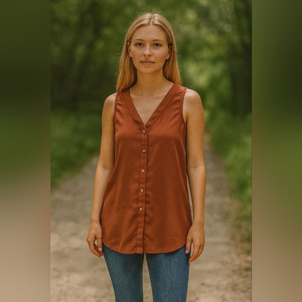 Rust Sleeveless Button Front Blouse Cami Top XS Lightweight Flowy Office Siren E